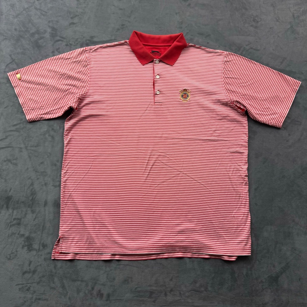 Slazenger Mens Red White Striped Short Sleeve Polo Shirt Crest Logo Size XL